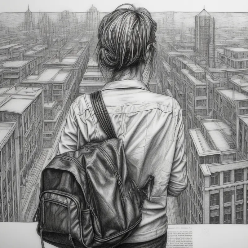 Academic Journey: Over-the-Shoulder View - black and white back view picture of a woman in her 50's going through an academic and professional journey pencil drawing - AI image generated with Photorealistic - over-the-shoulder, cyberpunk, aerial view