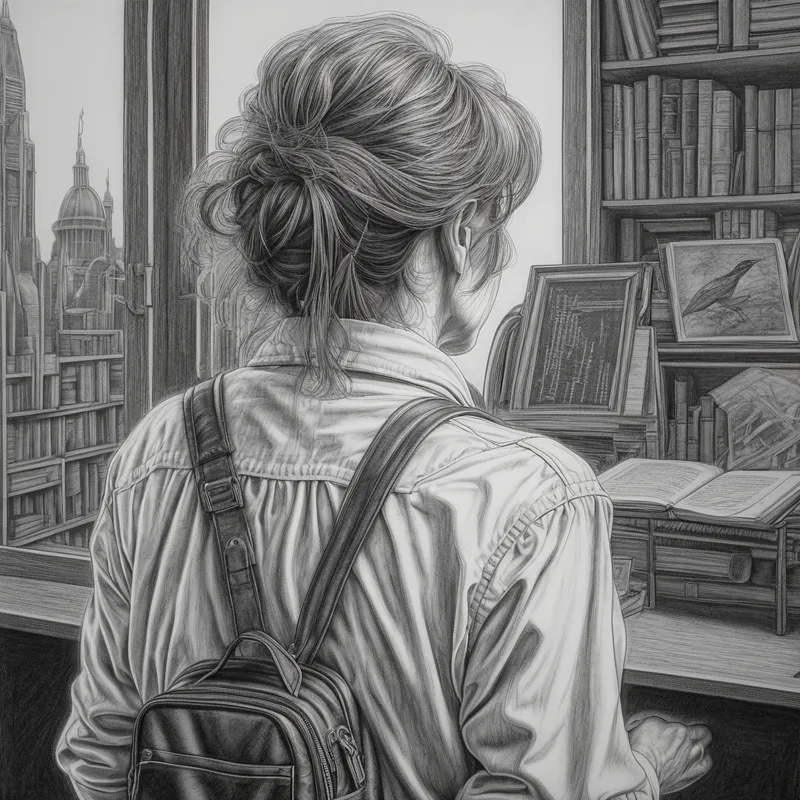 Academic Journey: Woman's Back View - black and white back view picture of a woman in her 50's going through an academic and professional journey pencil drawing - AI image generated with Photorealistic - over-the-shoulder, cyberpunk, bird's eye view