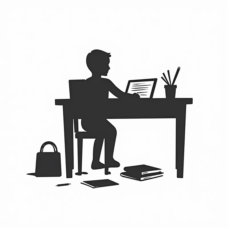 Academic Silhouette - A clean and modern silhouette depiction of a student’s desk, featuring a pile of books, scattered papers, and a pencil, placed on a white background as a symbol of hard work and educational effort. - AI image generated with Photorealistic 2