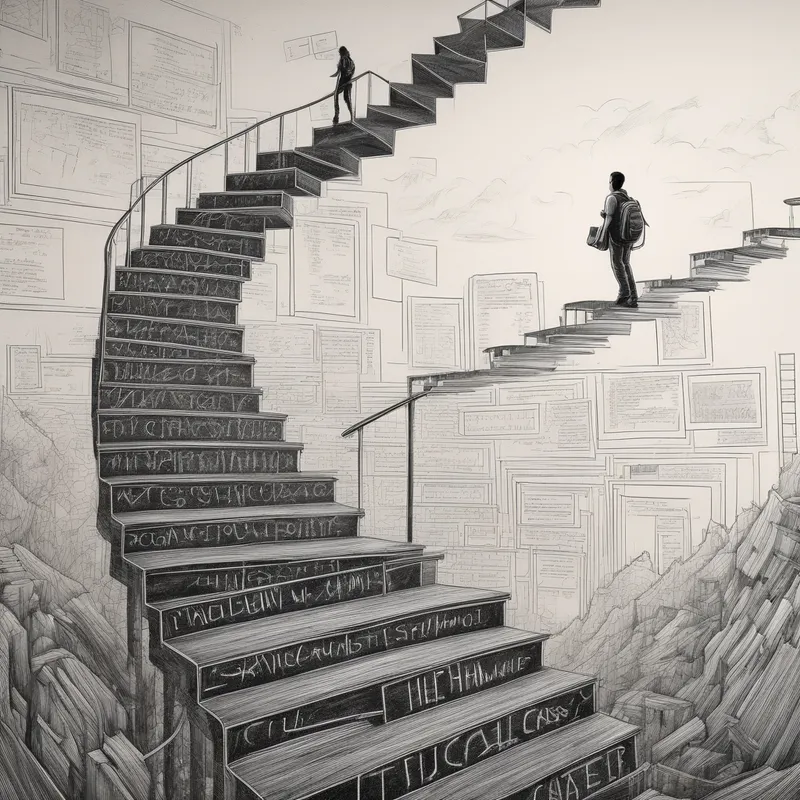 Academic Staircase: Chalkboard Ascent - A monochrome, landscape-oriented image of a staircase made of diplomas and chalkboards ascending toward a bright horizon, with an adult silhouette climbing steadily, representing progress in academia and teaching careers. - AI image generated with Photorealistic - cyberpunk, pencil drawing