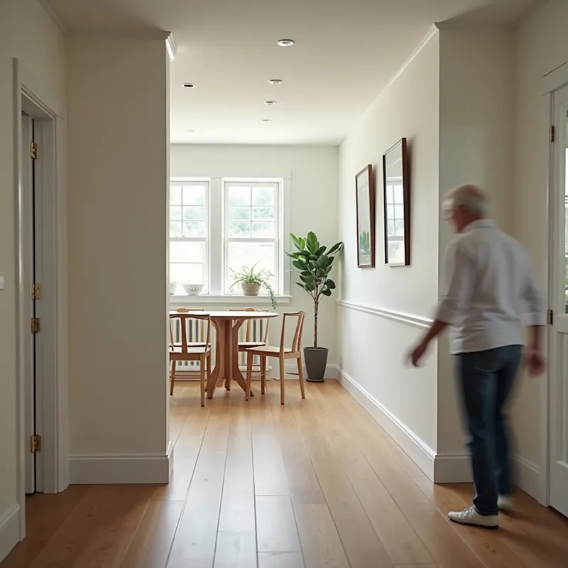 Accessible Elderly Home Tour - A 2-minute narrated video tour of a modern house designed for the elderly, highlighting wide doorways, ramped entrances, non-slip flooring, handrails in hallways, walk-in shower, adjustable countertops, and plenty of natural lighting. Calm, informative voiceover describes each accessible feature as the camera smoothly moves through the spacious rooms. - AI image generated with Photorealistic 2