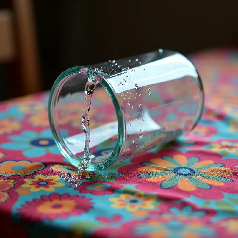 Accidental Spill - A high-resolution image showing a glass tumbler that has fallen over, with water pouring out over a colorful tablecloth. The image should highlight the texture of the wet fabric and the glass's refraction. - AI image generated with Photorealistic 2
