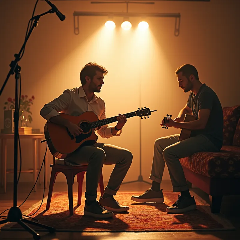 Acoustic Pop Ballad - Write a pop song that has an acoustic, intimate vibe, using instruments such as acoustic guitars, pianos, and soft percussion. The song should draw inspiration from the keyword پاپ and convey a heartfelt and personal message. - AI image generated with Photorealistic 2