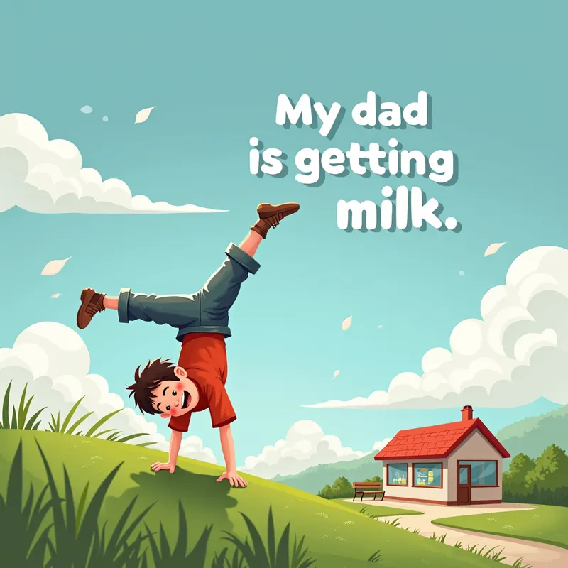 Acrobatic Daydream - A kid joyfully performing a handstand on a grassy hill, with a distant view of a grocery store, the text 'My dad is getting milk' artistically integrated into the clouds above. - AI image generated with Photorealistic 2