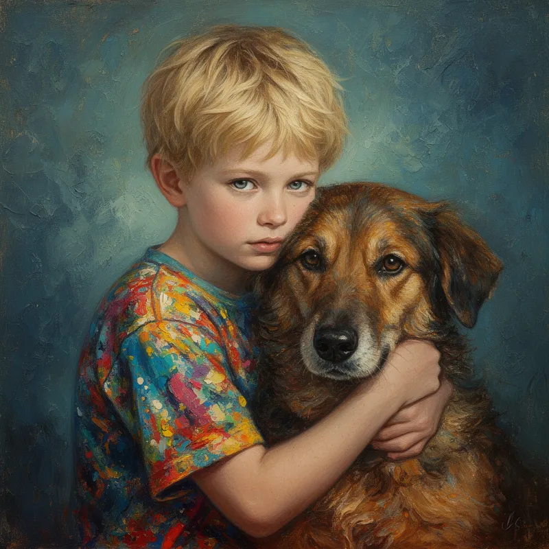 Acrylic Dream of Boy and Dog - An expressive fantasy portrait of a blonde-haired boy with storm-grey eyes embracing his beloved dog, capturing tenderness, innocence, and surreal warmth. The lighting is soft and diffused, bringing out the vivid splashes of paint on his bright abstract tee shirt. The dog’s coat is richly rendered with thick textured brushstrokes and painterly detail. Use a moody blue-green textured background, folk-art charm, subtle vintage atmosphere, and a handcrafted acrylic fine art finish throughout. - AI image generated with Flux 2