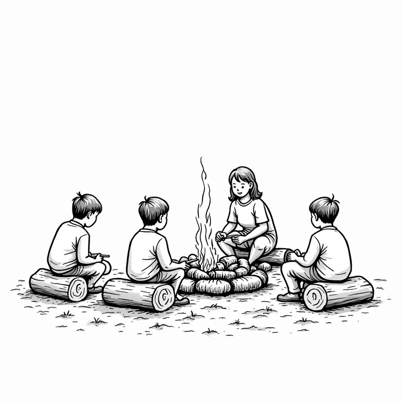 Adding Wood at the Campfire - A small group sits with their backs to the observer, tending an outdoor fire by adding pieces of wood from a pile next to them. The pit is on bare earth, surrounded by rough logs used as seats, under an open sky. - AI image generated with Photorealistic 2 - minimalist line art