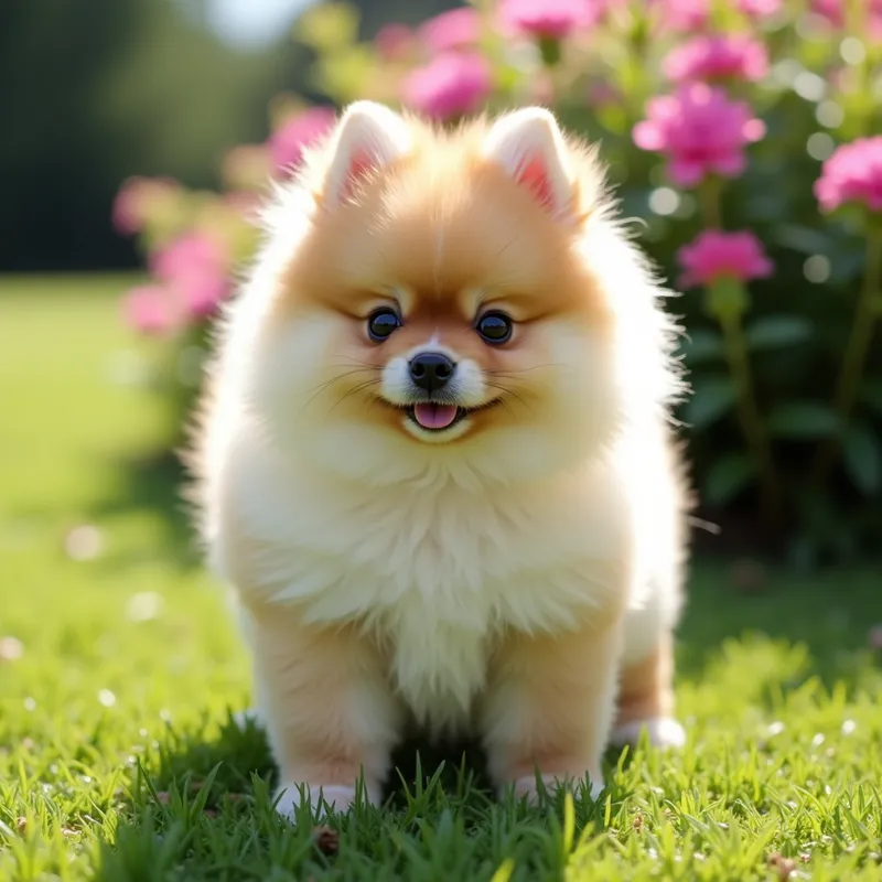 Adorable Fluffy Pomeranian Puppy - A cute and fluffy Pomeranian puppy with a soft, thick coat. The puppy has bright, expressive eyes and a small, playful smile. It is standing on a grassy park with flowers blooming in the background. The sunlight softly highlights its fur, making it look even more adorable. - AI image generated with Photorealistic 2
