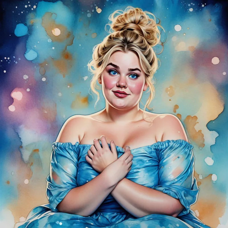 Adorable Ink Magic Portrait - Pure alcohol ink illustration-style scene showing a funny, quirky, plus-size woman with blonde tousled hair styled into a messy bun. She sits gracefully with crossed legs, rosy cheeks resting on her hands, and wide icy blue eyes full of surprise. Her long blue dress flows around her bare feet. Add shimmering sparkly highlights and a magical bokeh background to create a whimsical, enchanting atmosphere. - AI image generated with Photorealistic - alcohol ink