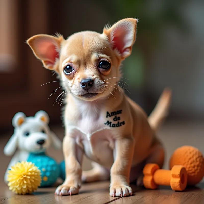 Adorable Inked Chihuahua - An adorable Chihuahua puppy with a 'Amor de Madre' tattoo on its side, surrounded by toys and looking curiously at the camera. - AI image generated with Photorealistic 2