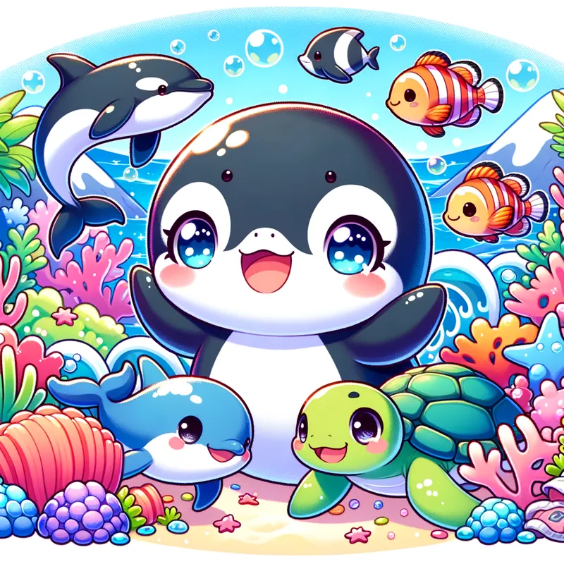 Adorable Orca Friends - A cute anime-style illustration of an adorable orca surrounded by friendly sea creatures, including colorful fish, playful dolphins, and smiling turtles. The background features vibrant coral reefs and sparkling ocean waves. - AI image generated with Art