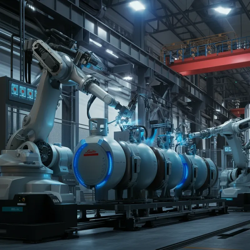 Advanced AI Robotics in Linde Facility - A scene representing an advanced Linde plc facility with AI-driven robotic arms meticulously working on gas tanks and cylinders. These robotic arms, adorned with the company's signature blue accents, perform various tasks like welding, inspecting, and assembling with high precision. The background features a clean, organized, and futuristic industrial environment complete with pipelines, steel structures, and gas monitoring systems. The focus is on the intelligent design and industrial engineering of the robotic arms as they seamlessly integrate into the production workflow. - AI image generated with Imagen 3