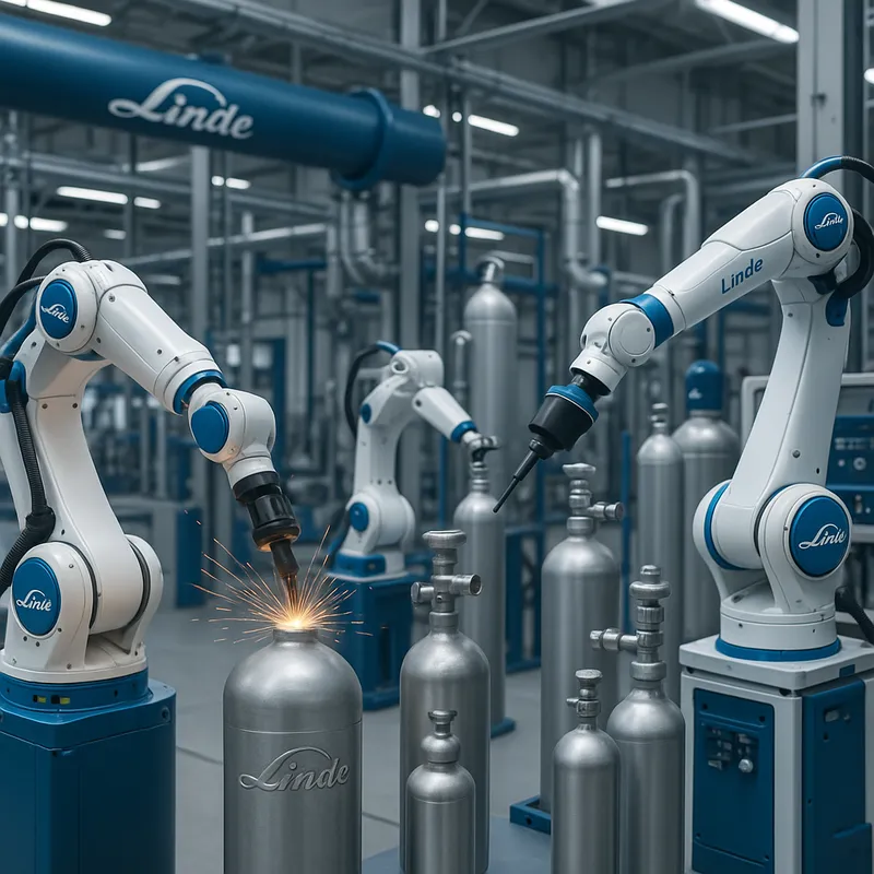 Advanced AI Robotics in Linde Facility - A scene representing an advanced Linde plc facility with AI-driven robotic arms meticulously working on gas tanks and cylinders. These robotic arms, adorned with the company's signature blue accents, perform various tasks like welding, inspecting, and assembling with high precision. The background features a clean, organized, and futuristic industrial environment complete with pipelines, steel structures, and gas monitoring systems. The focus is on the intelligent design and industrial engineering of the robotic arms as they seamlessly integrate into the production workflow. - AI image generated with GPT Image