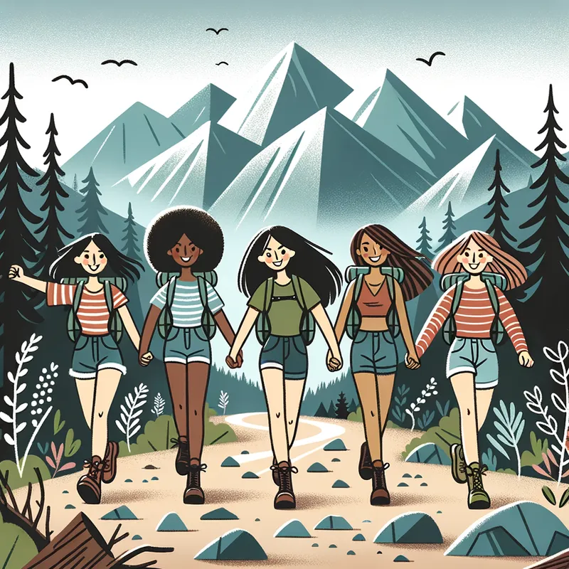 Adventure Time - Five female best friends as stick figures on a hiking adventure in the mountains, showcasing their camaraderie and vibrant spirits. - AI image generated with Art