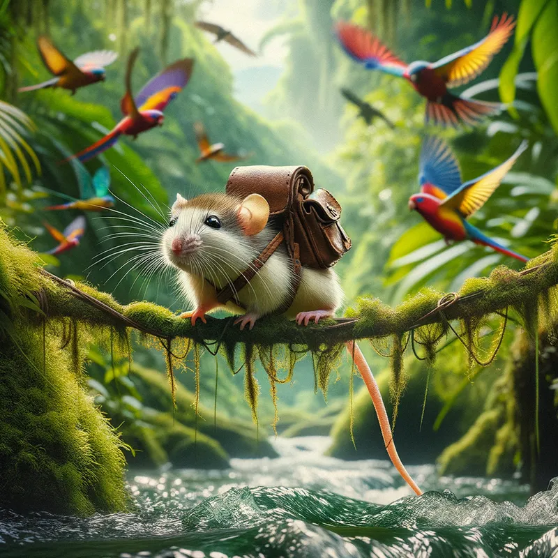 Adventurous Dwarf Rat - A brave little dwarf rat equipped with a tiny leather backpack, exploring the vastness of a dense jungle. The scene captures the rat crossing a narrow vine bridge over a sparkling stream, with exotic plants and colorful birds in the background. - AI image generated with Art