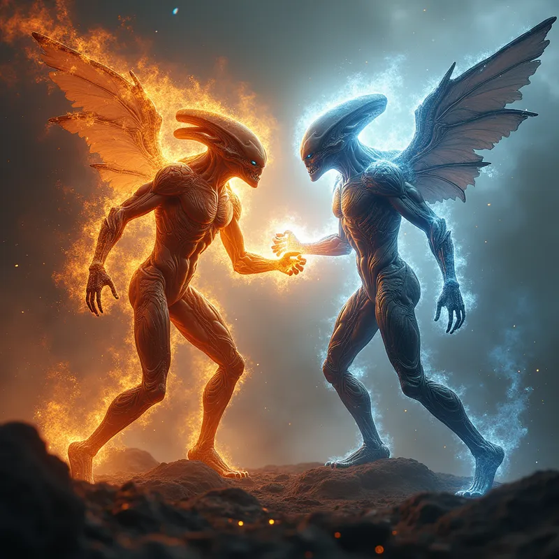 Aerial Clash: Fire-Metal vs Cosmic Light - two alien human looking powerful beings facing off, one strong with the power of fire mixed with metal and the other being powered with a mix of light and cosmic ability's both letting off aura that's surrounds their lining of there body's and flowing energy coming off there body's as they get into a massive fight defending and fighting each other off with there ability's - AI image generated with Photorealistic 2 - bird's eye view, over-the-shoulder, panoramic view