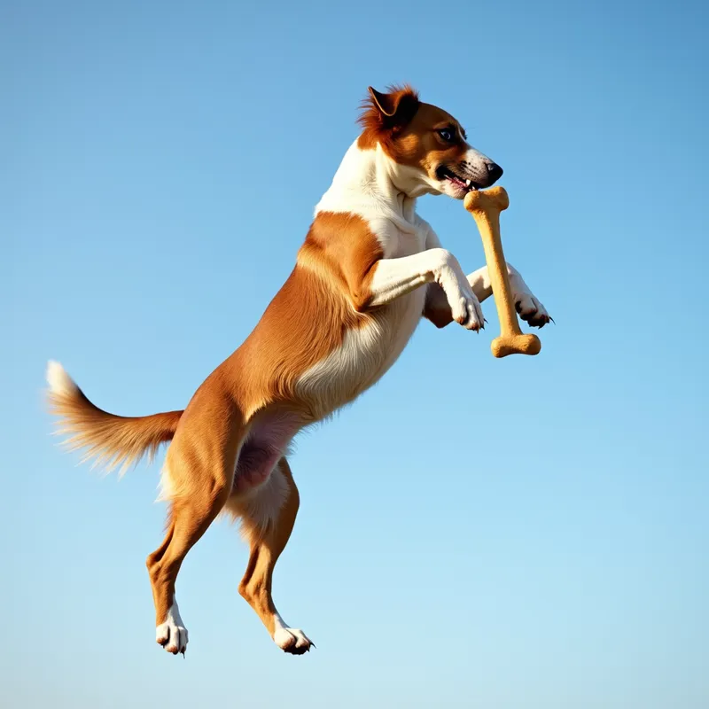 Aerial Dog with Bone - A playful dog in mid-air performing an impressive flip with a bone clutched in its mouth against a clear blue sky. - AI image generated with Photorealistic 2