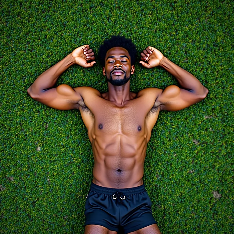Aeriel Crossfit - An aerial view of a physically-fit African American male laying down in the form of a cross, wearing athletic shorts. The background is a vibrant green field, emphasizing his strong physique and peaceful pose. - AI image generated with Photorealistic 2