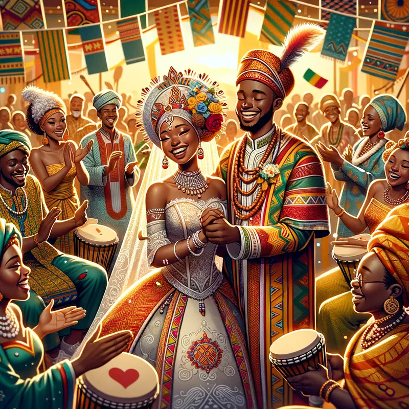 African Wedding Welcome - A festive welcome scene showcasing a couple in traditional African wedding attire, guests celebrating with traditional dances and music, and a backdrop of vibrant, culturally significant patterns. - AI image generated with Art