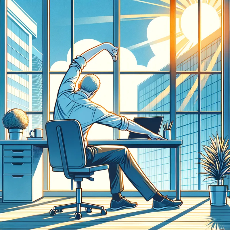 Afternoon Stretch Break - Alex taking a break from their desk to do some gentle stretching exercises, with a window showing a sunny outside view. The caption reads: Taking a few minutes for myself makes a big difference. - AI image generated with Art