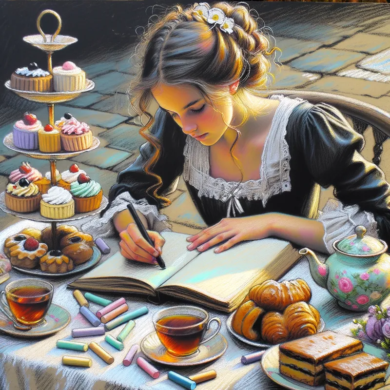 Afternoon Tea at the Easel - In both color and black chalks, a  girl is drawn at a table outside, has a sketchbook and she is enjoying tea and cakes. Time period, England 1800's - AI image generated with Art - chalk, sketching