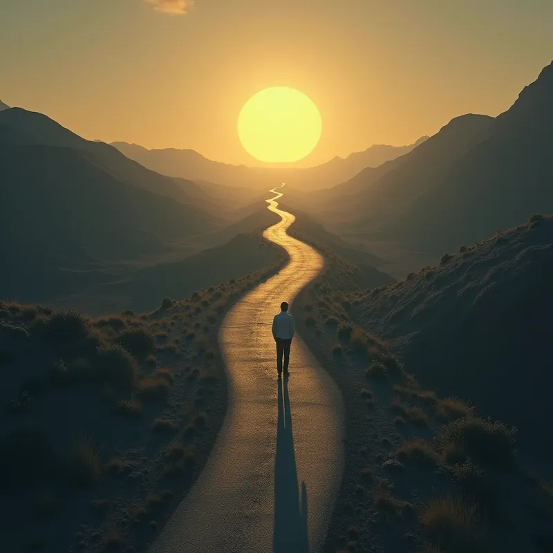 Against the Darkness - In a surreal landscape, a single man walks along a sinuous, narrow road that rises and falls towards a distant golden glow. Beside him are many wide paths diverging from the narrow way, each dissolving into darkness, emphasizing his deliberate choice to stay on the narrow road of light. - AI image generated with Photorealistic 2