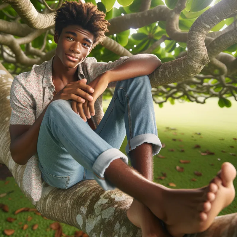 A hansom teenage Jamaican boy - A hansom teenage Jamaican boy sitting on a tree branch with his bare feet dangling below him. - intricate details