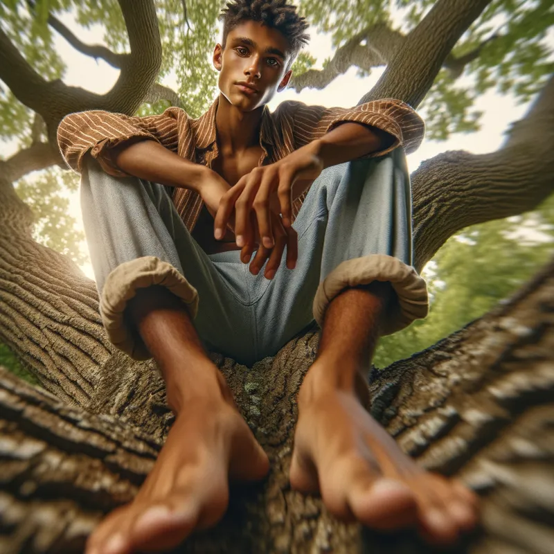A hansom teenage Jamaican boy - A hansom teenage Jamaican boy sitting on a tree branch with his bare feet dangling below him. - intricate details, zoomed out