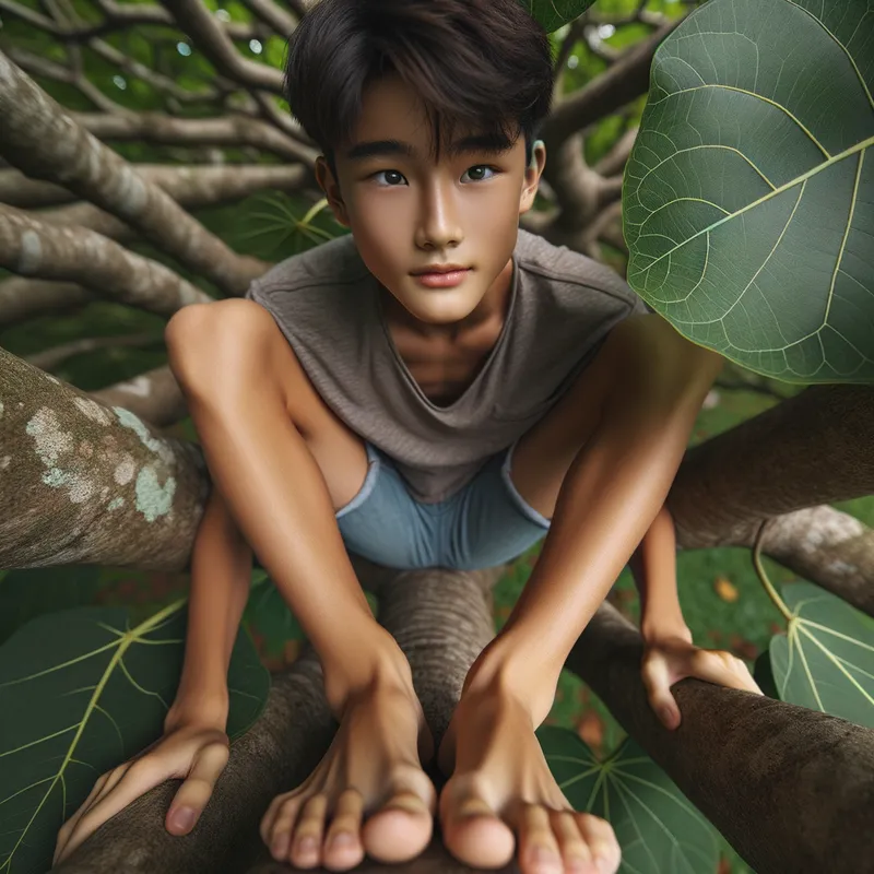 A hansom young boy sitting on  - A hansom young boy sitting on a tree branch with his bare feet dangling below him. - intricate details, zoomed out