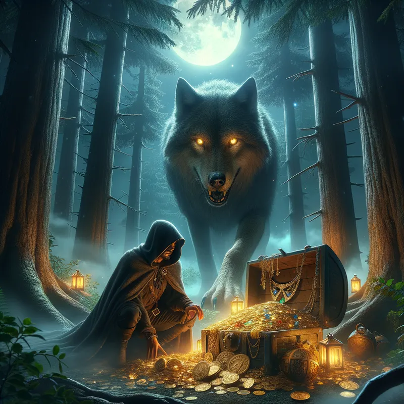 A hooded thief hides from a giant wolf g - A hooded thief hides from a giant wolf guarding a moonlit treasure trove. - AI image generated with Art