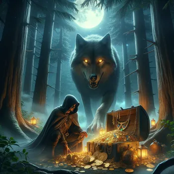 A hooded thief hides from a giant wolf g