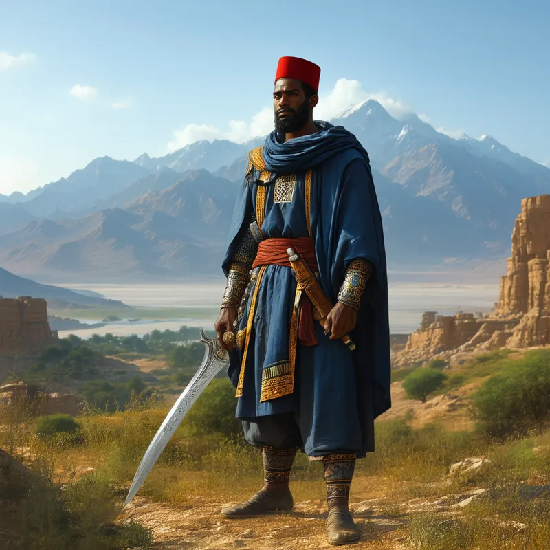 Al-Bahr Sentinel - A black man stands tall with his scimitar ready for battle. His fez with 'AL-Bahr' is tilted slightly as he overlooks a strategic point, mountains and sky painting the horizon behind him.