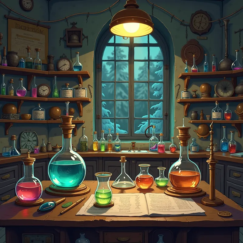 Alchemist's Lab Meme - An alchemist's lab filled with strange instruments and potions, with a humorous comparison to a modern-day science lab and meme text overlay. - AI image generated with Photorealistic 2
