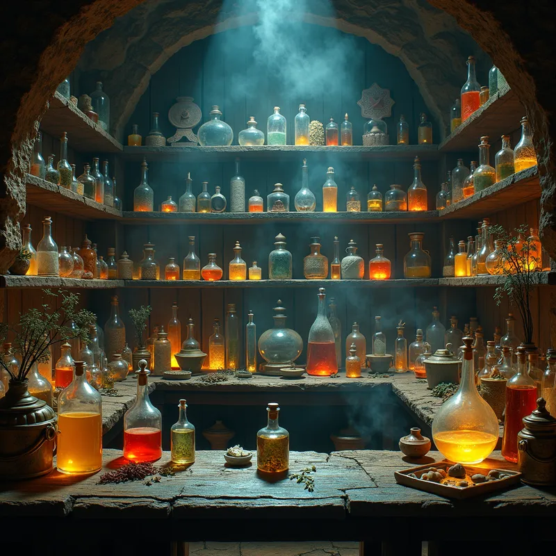 Alchemist's Workshop - An ancient alchemist's workshop filled with shelves lined with glass bottles of various shapes and sizes, each containing mysterious glowing liquids, herbs, and magical substances. - AI image generated with Photorealistic 2 - double exposure
