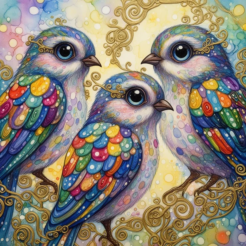Alcohol-Ink Klimt Patchwork Birds - A close-up fantasy illustration of three whimsical birds inspired by Gustav Klimt, with intricate psychedelic patchwork feathers, ornate gold accents, filigree outlines, scrollwork, polka dots, and soft quilling-like textures. Their mesmerizing eyes draw the viewer into a dreamy imaginative world. Extremely detailed, colorful, cute, dynamic lighting, HDR, crisp high definition, folk art and naive art influence, with a beautiful and attractive painterly composition. - AI image generated with Flux 2 - alcohol ink