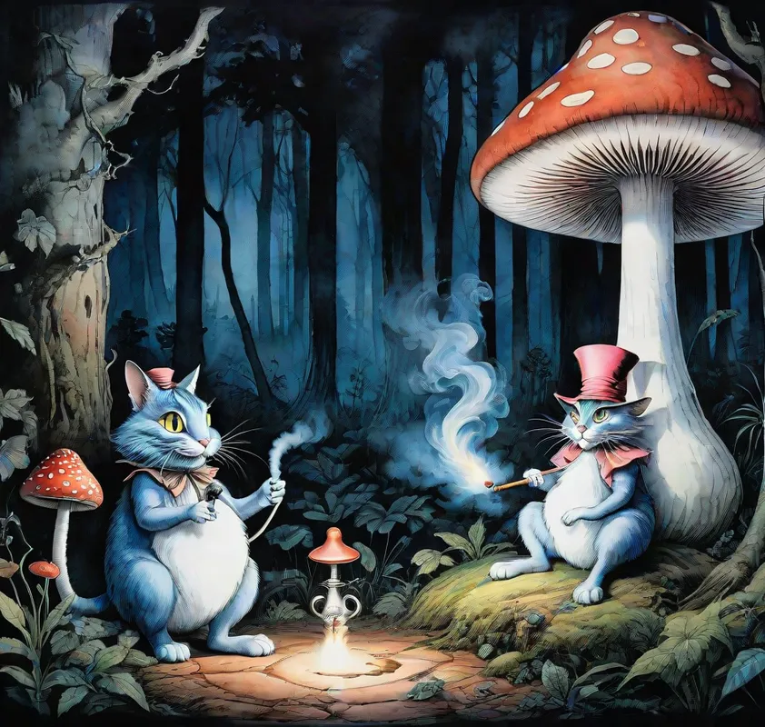 Alice & Cheshire Cat's Mystical Forest -
AN 8K RESOLUTION POSTER ART STYLE OF A TRANSLUCENT WATERCOLOR LINE WASH FUSION BY JOHN TENNIEL AND BARRY MOSER OF ALICE IN WONDERLAND WITH, ALICE AND THE CHESHIRE CAT SMOKING A HOOKAH UNDER A GIANT MUSHROOM IN THE DARK FORESt - AI image generated with Stable Diffusion XL