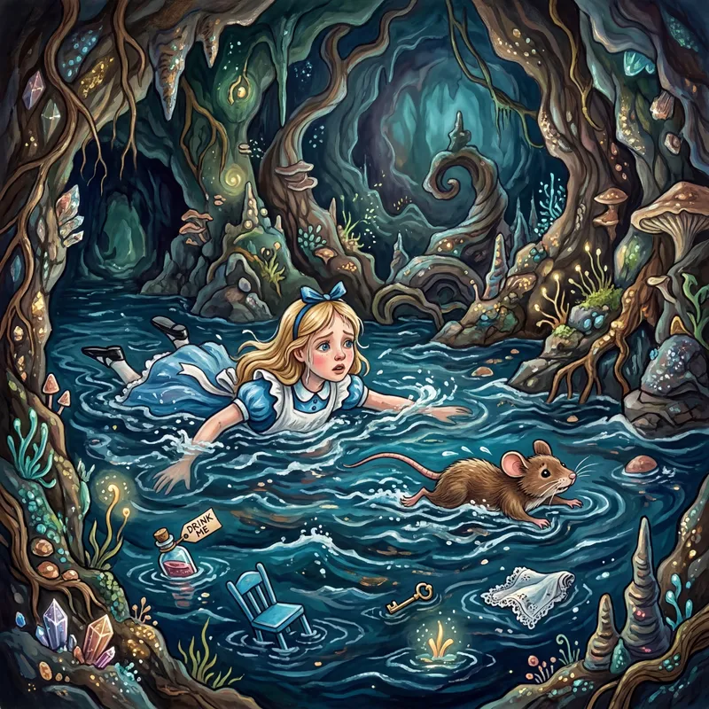 Alice and Mouse Adrift in Sea of Tears - Tangra AI Image Generator