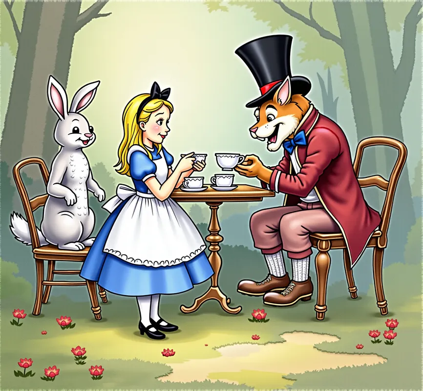 Alice in Wonderland Tea Party Art - AN 8K RESOLUTION POSTER ART STYLE OF A TRANSLUCENT WATERCOLOR LINE WASH FUSION PAINTING  BY JOHN TENNIEL AND BARRY MOSER OF ALICE IN WONDERLAND WITH THE WHITE RABBIT AND THE MAD HATTER HAVING TEA - AI image generated with Flux