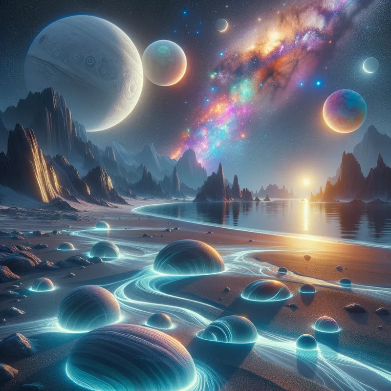 Alien Beach - A beach on an alien planet with sand that glows in the dark, bizarrely shaped rocks, and a sky with multiple moons and colorful nebulae reflecting off the water. - AI image generated with Art