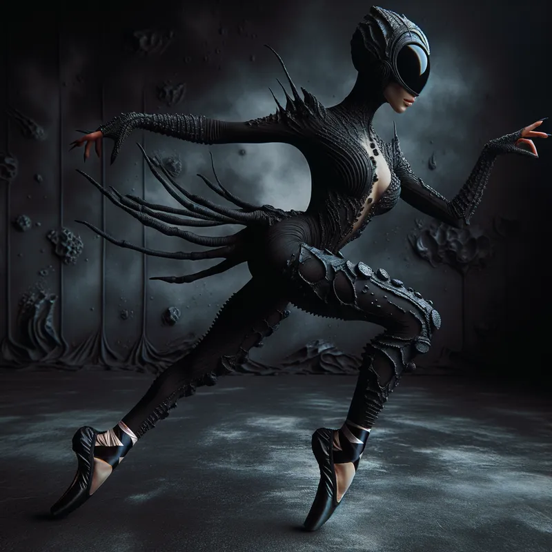 Alien Elegance - A beautiful Hispanic ballerina gracefully poses in a black neoprene suit resembling a xenomorph, complete with detailed textures and black ballet pointe shoes. The image captures the eerie yet elegant synergy of the alien-inspired costume against a dark, atmospheric background. - AI image generated with Art - Giger