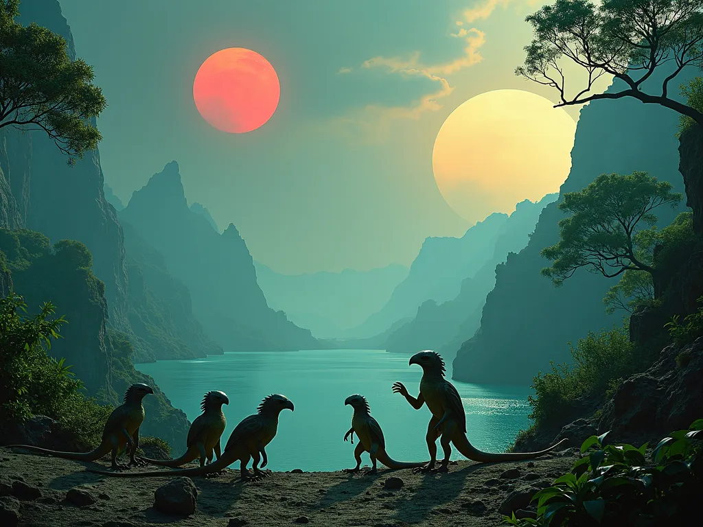 Alien Planet Landscape - A stunning alien planet with lush green forests and vast blue oceans. The sky features two glowing suns, one red and one yellow. In the midst of this extraterrestrial scenery, a group of humanoid aliens, with a unique blend of iguana and eagle characteristics, are seen interacting with their environment. - AI image generated with Photorealistic 2 - panoramic view, highlights: Nikon D700, Nikkor 50mm 1.8, photorealistic