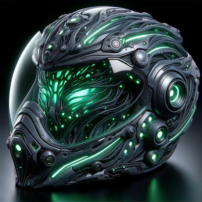 Alien Tech Rider - A cutting-edge motorcycle helmet infused with alien technology. The helmet has an organic, almost bio-mechanical design with luminous green lines, a transparent visor, and a surface texture that appears to shift and change. - AI image generated with Art