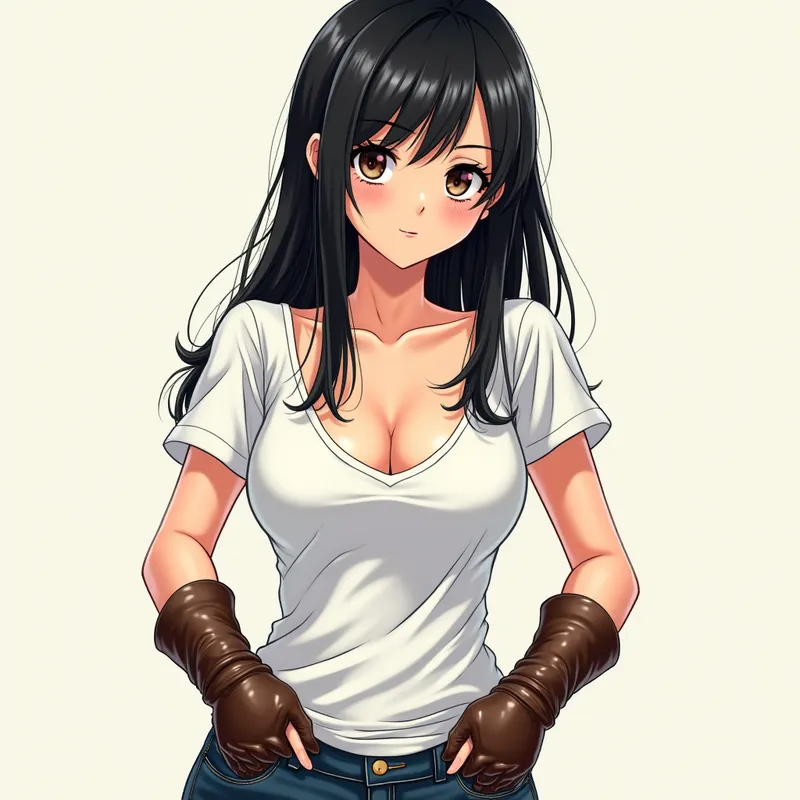 Alluring Manga Girl with Equestrian Vibe - A full-length manga portrait of an Asian girl with lustrous, straight black hair, stunning features, and a full bust. She wears a deep v-neck white t-shirt, brown mid-length leather gloves, low-rise jeans, and polished black leather riding boots. She stares lovingly at the audience, her entire figure depicted in vibrant manga style. - AI image generated with Photorealistic 2