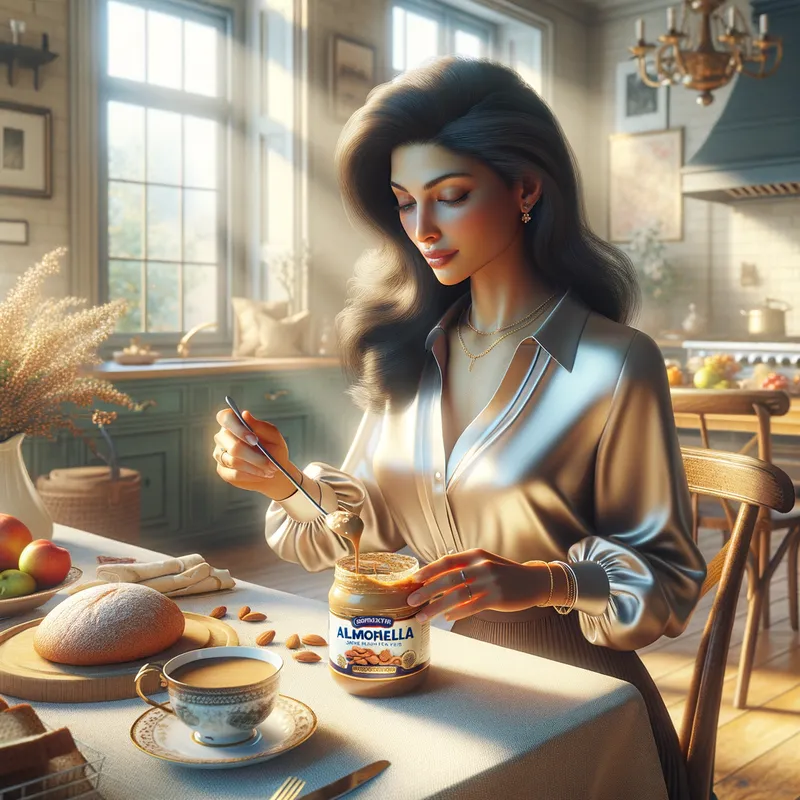 Almondella Morning Ritual - A well-dressed woman carefully mixing the luxurious Almondella spread into her coffee, surrounded by warm morning light, showcasing the perfect start to her day. - AI image generated with Art - photorealistic