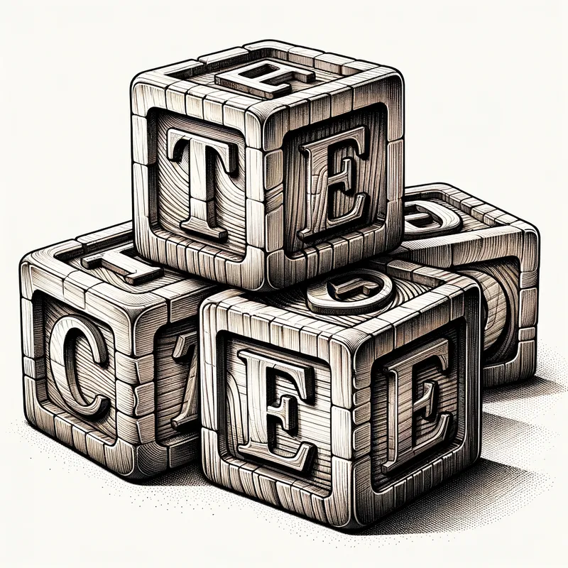 Alphabet Building Blocks - A charming sketch of wooden building blocks with the letters T, F, and E, stacked in a way that highlights the tactile and educational nature of the toys. - AI image generated with Art