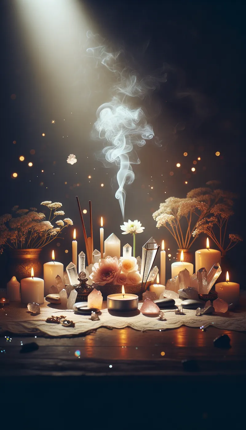 Altar of Serene Enchantment - A glowing altar with candles, crystals, and flowers arranged harmoniously. A small incense plume rises in the background, with soft, magical sparkles surrounding the objects to evoke a sacred and serene atmosphere. - AI image generated with Art