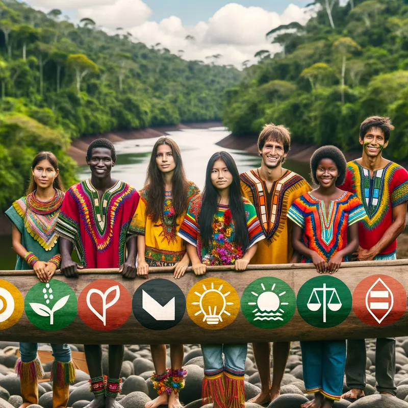 Amazon Youth Carrying Sustainable Canoe - Create an image of young people from the Amazon carrying a canoe with symbols of sustainability and justice - AI image generated with Art