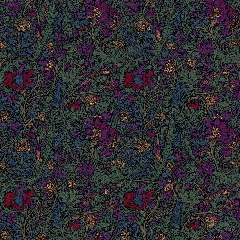 Amethyst Fern Wallpaper Repeat - Illustrate a seamless repeat pattern in a dense botanical folk art style, combining lush overlapping ferns, flowing vines, and wild blossoms into a fully packed decorative composition. Use a luxurious palette of deep emerald green, sapphire blue, ruby red, and amethyst purple with burnished gold accents and strong ink outlines. Keep the design flat, highly detailed, and evenly distributed across the entire canvas without gaps or open space. Ensure the tile repeats perfectly for wallpaper and textile design. Output should evoke the craftsmanship of William Morris and the ornamental elegance of Alphonse Mucha, at 6500x6500 pixels and 300 DPI. - AI image generated with Flux 2