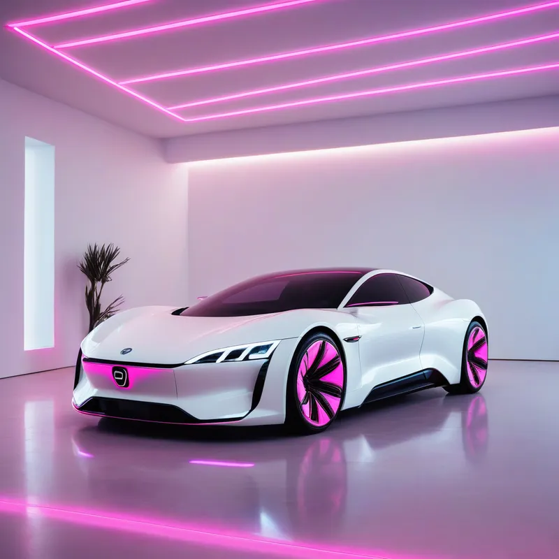 A modern white electric car in a sleek a - A modern white electric car in a sleek and futuristic white indoor setting. pink neon light highlights on the car's front grille, adding a touch of high-tech ambiance to the scene. - AI image generated with Photorealistic