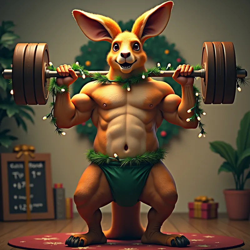 A muscular kangaroo in a green diaper, l - A muscular kangaroo in a green diaper, lifting weights wrapped in holiday lights, with a festive wreath hanging on the wall behind. - AI image generated with Photorealistic 2