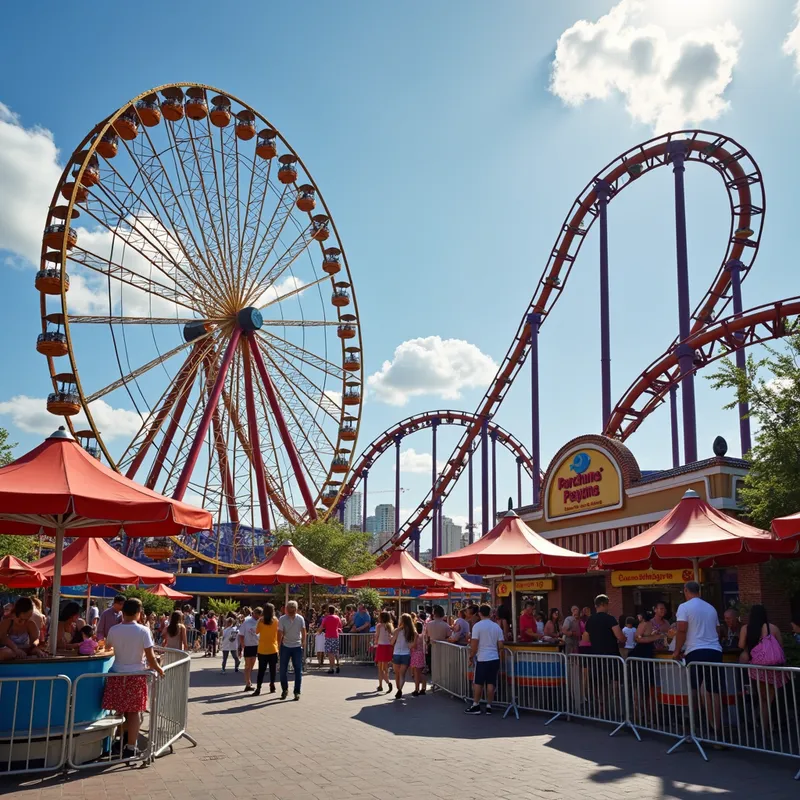 Amusement Park Adventure - An exciting day at an amusement park with roller coasters, a Ferris wheel, and families enjoying various rides and attractions. - AI image generated with Photorealistic 2